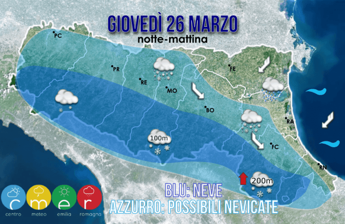 Possibili accumuli di neve per la giornata di domani sul Piacentino